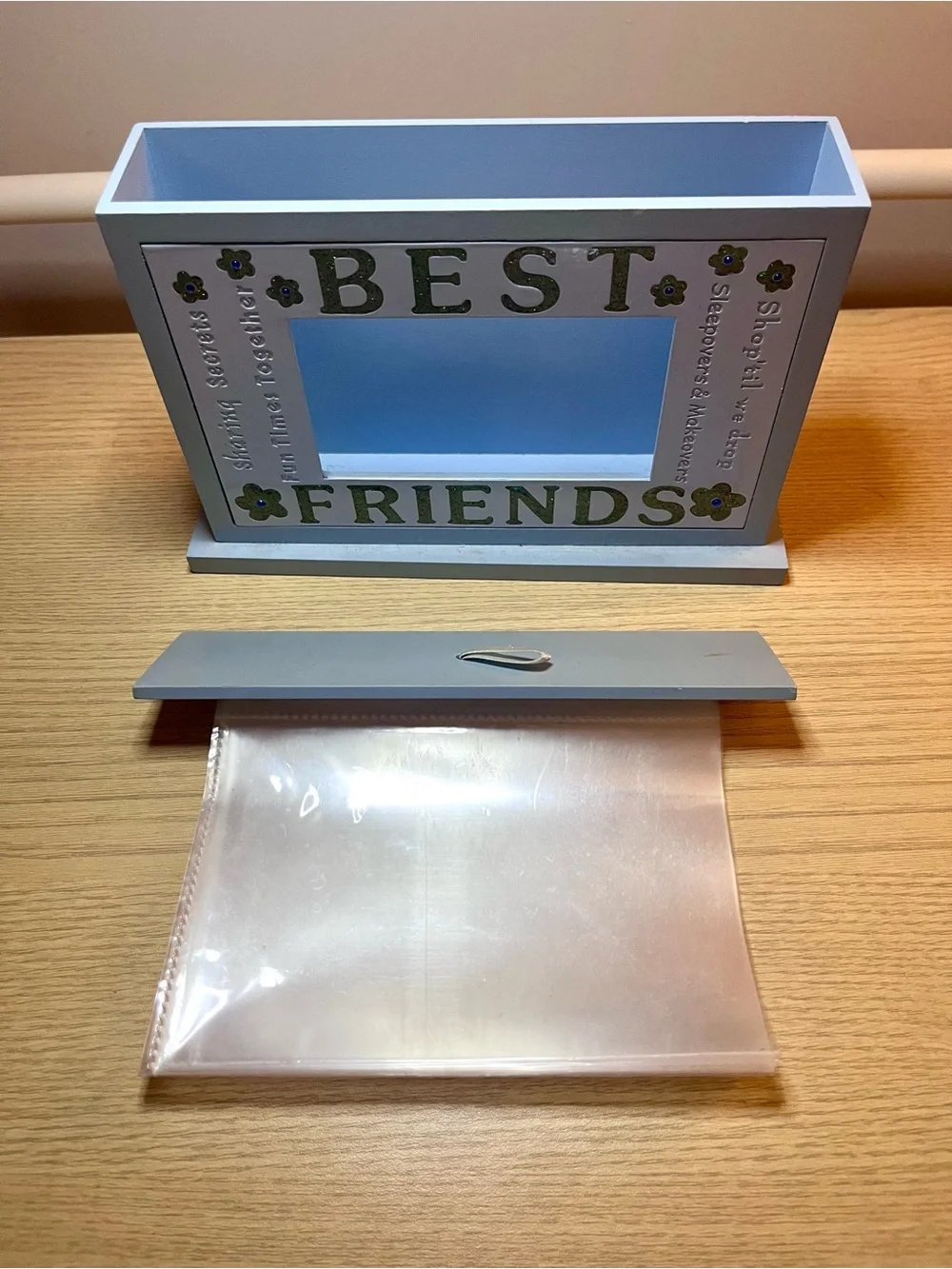 Vintage Wooden Best Friends Photo Box Flip Album Memory Storage Blue Y2K